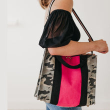 Load image into Gallery viewer, Zoey Canvas Crossbody Tote - Camo with Pink Stripe